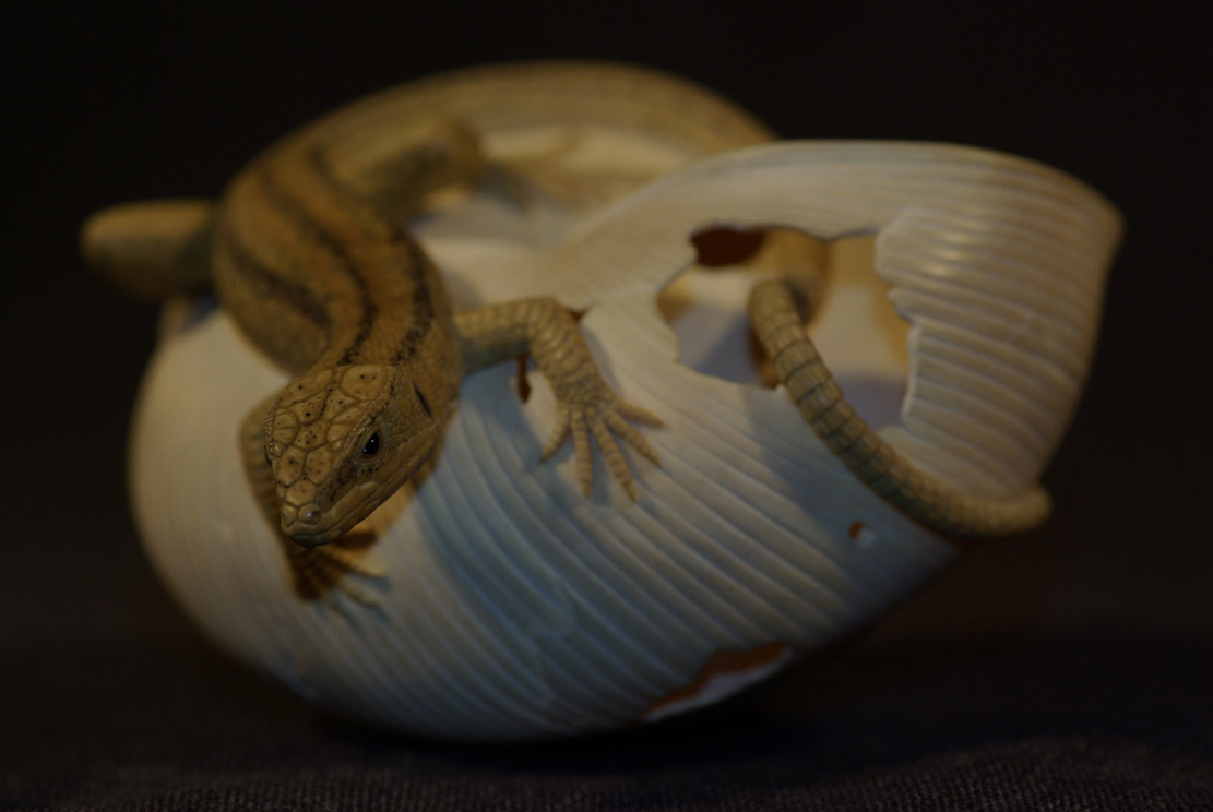 LIZARD ON SNAILHOUSE, Eidechse, Schneckenhaus, Cornel, Schneider, Boxwood, Buchsbaum,&nbsp; jpeg, jpg, scuplture, Schnitzerei, Carving, okimono